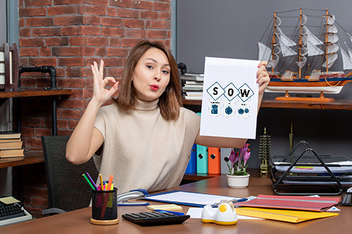 A Statement of Work, often known as an SOW, is a business agreement that outlines deliverables and project goals. It's created to keep everyone on the same page about deadlines, scope of work, and project expectations. Creating an SOW helps clients and vendors to stay aligned and reach their project goals together.