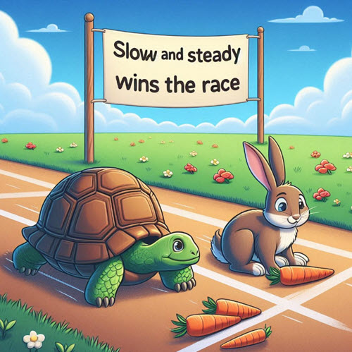The moral of the story is that slow and steady wins the race. The tortoise may have been slow, but he never gave up. He kept on moving towards the finish line, and eventually, he won the race. The hare, on the other hand, was too overconfident and didn't take the race seriously.